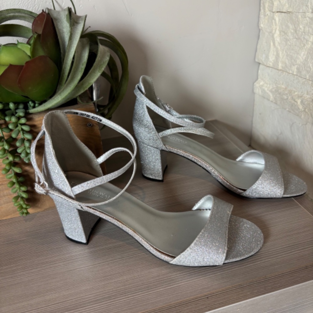 NWOT Silver Glitter Jackie Sandal Block Heel Ankle Strap